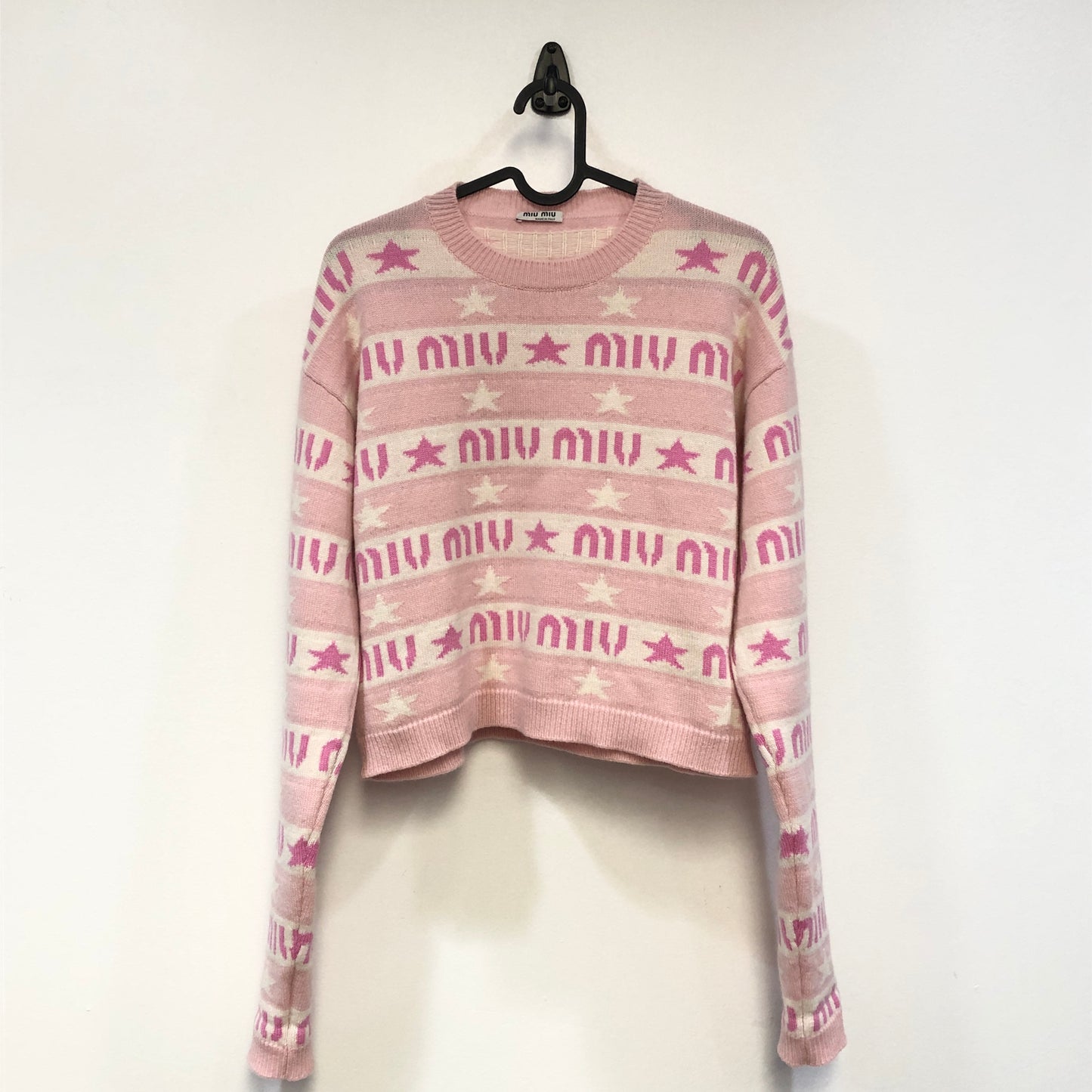 Miu Miu Pink White Star Logo Stripe Knit Sweater Size 36