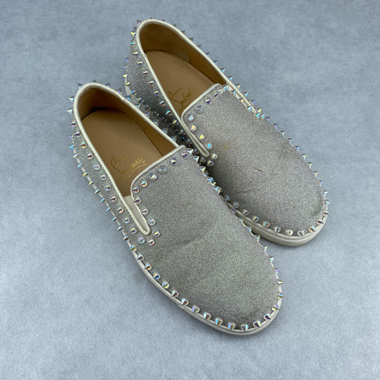 Christian Louboutin Women's Silver Glitter All-Over Studded Slip-On Sneakers Size 37