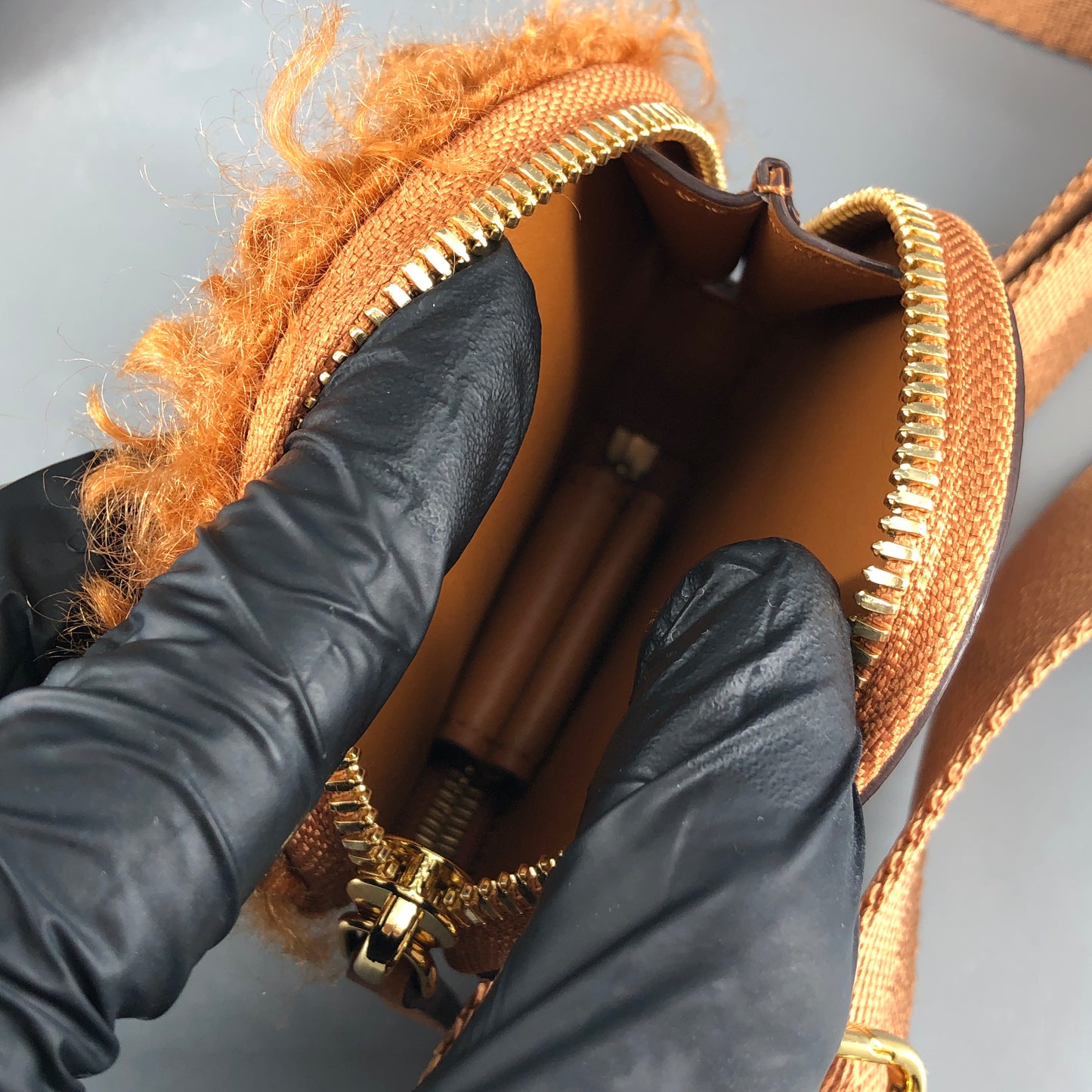 MCM Visetos Shearling Trim Oval Crossbody Camera Bag  Caramel
