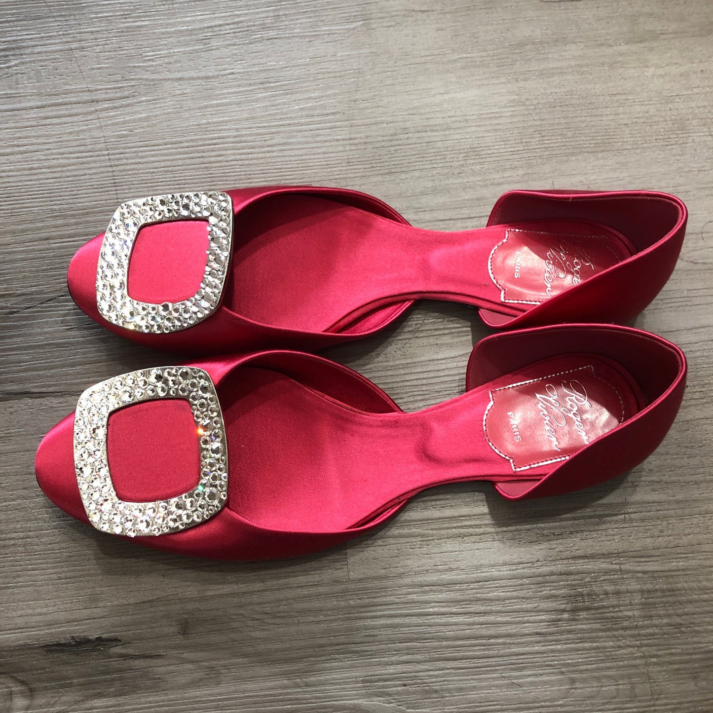 Roger Vivier Women's Red Satin Crystal Buckle Flats Size 36