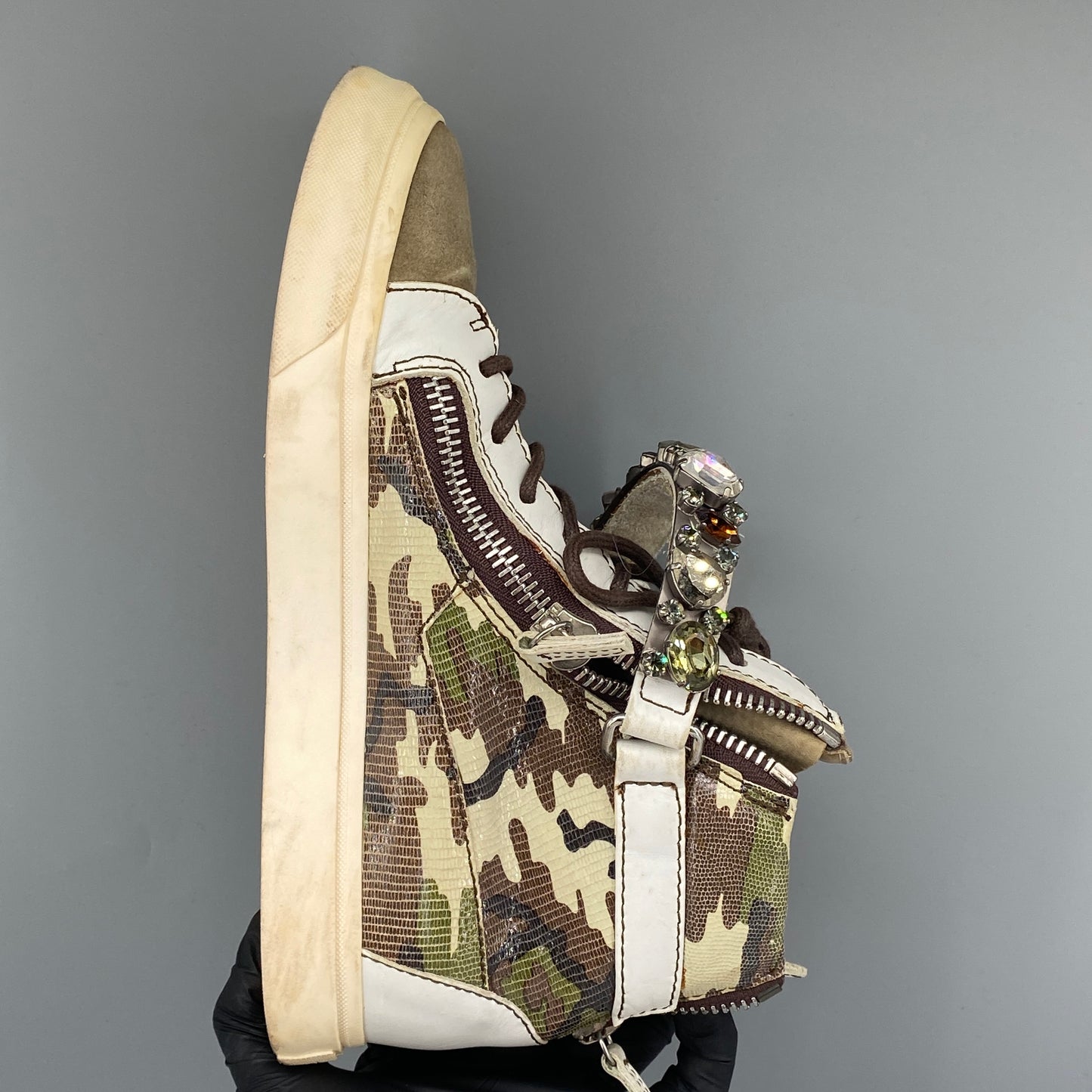 Giuseppe Zanotti Camo Canvas White Suede High Top Sneakers Size 37