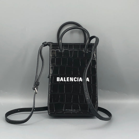 Balenciaga Logo Embossed Crocodile Embossed Leather Mini Vertical Phone Bag Black