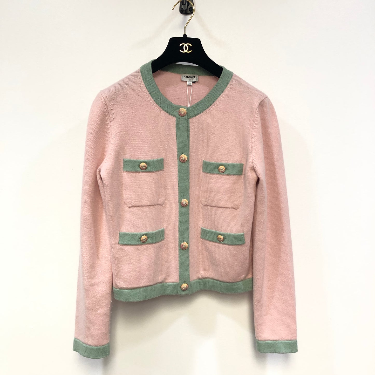 Chanel Pink Knit Cardigan with Green Trim Size 38