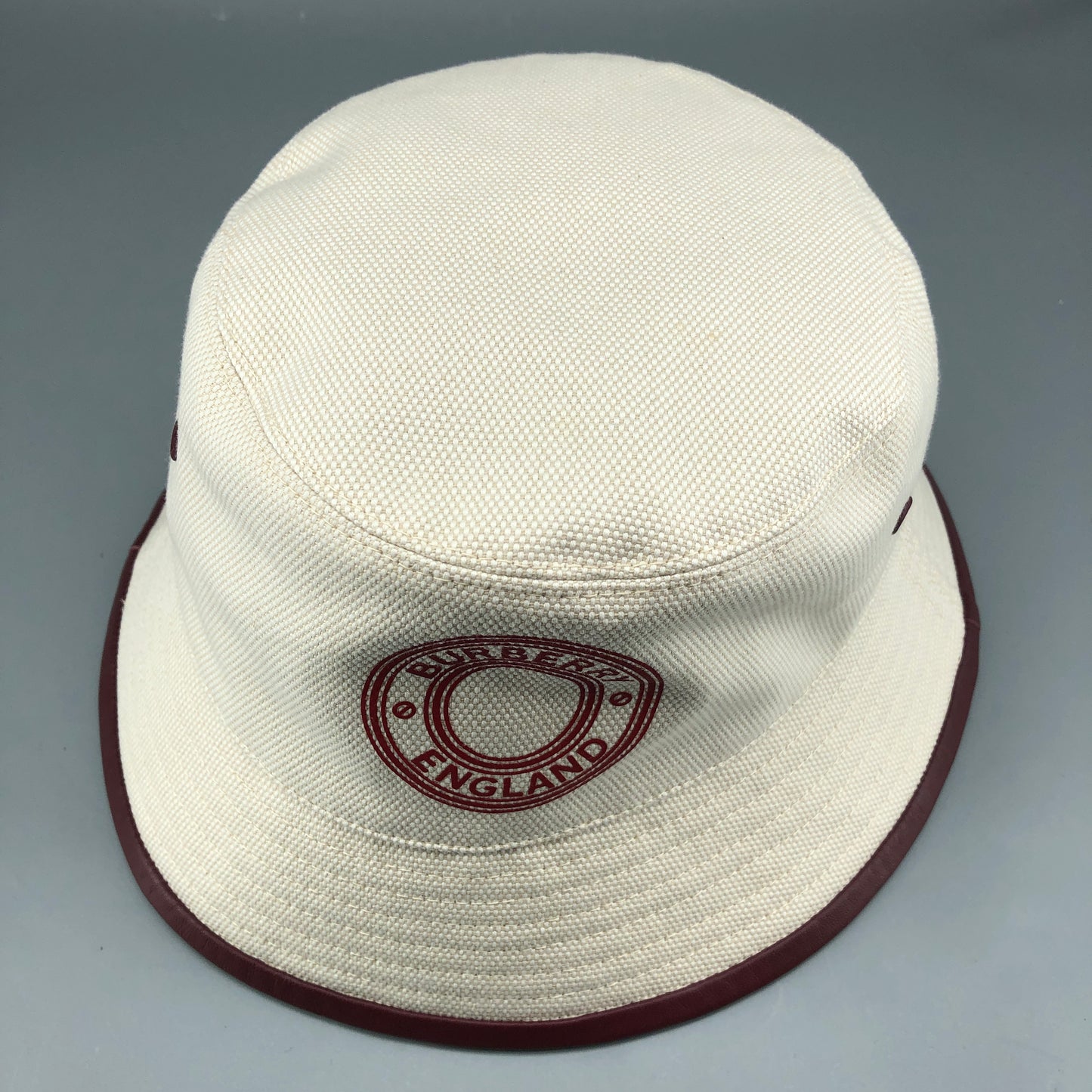 Burberry Cream Wine Red Trim Circle Logo Bucket Hat Size L(59cm)