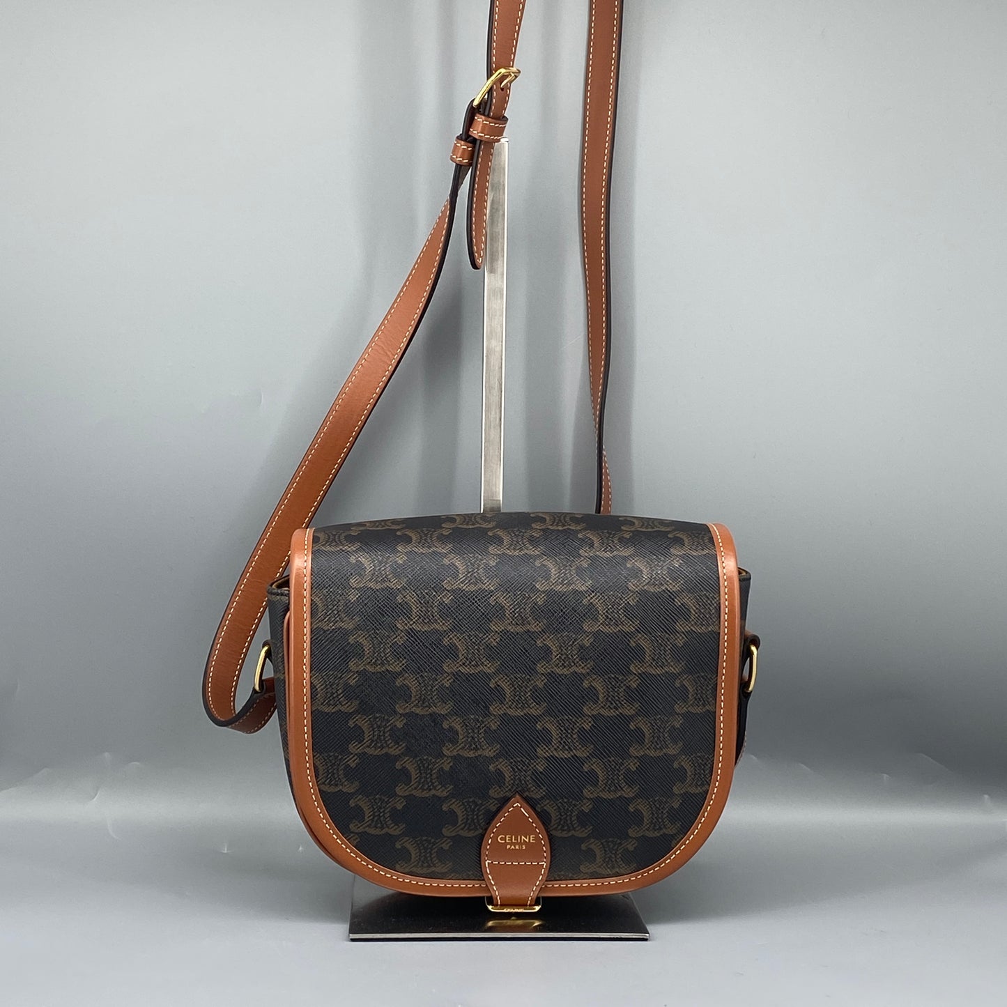 Celine Triomphe Canvas Leather Trim Saddle Crossbody Bag