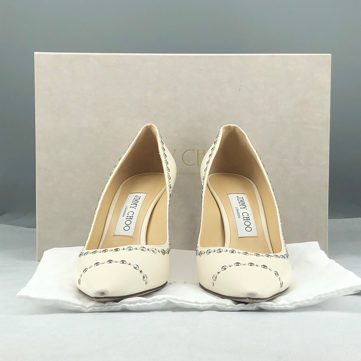 Jimmy Choo Women's  Cream Crystal Trim Pointed Toe Stiletto Heels Shoes Size 37