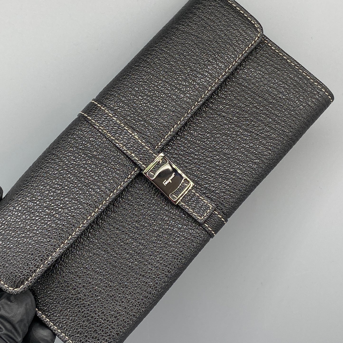 Ferragamo Black Grain Leather Flap Long Wallet