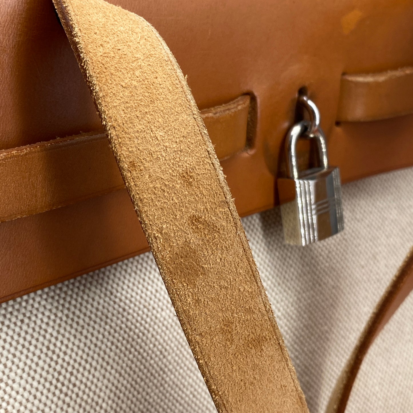 Hermes 2001 Herbag 31 Beige Canvas & Natural Caramel Cowhide Shoulder Bag