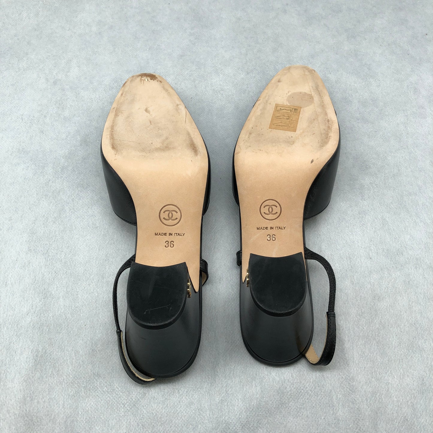 Chanel Black Satin & Leather Cap-Toe Slingback Block Heel Pumps Size 36