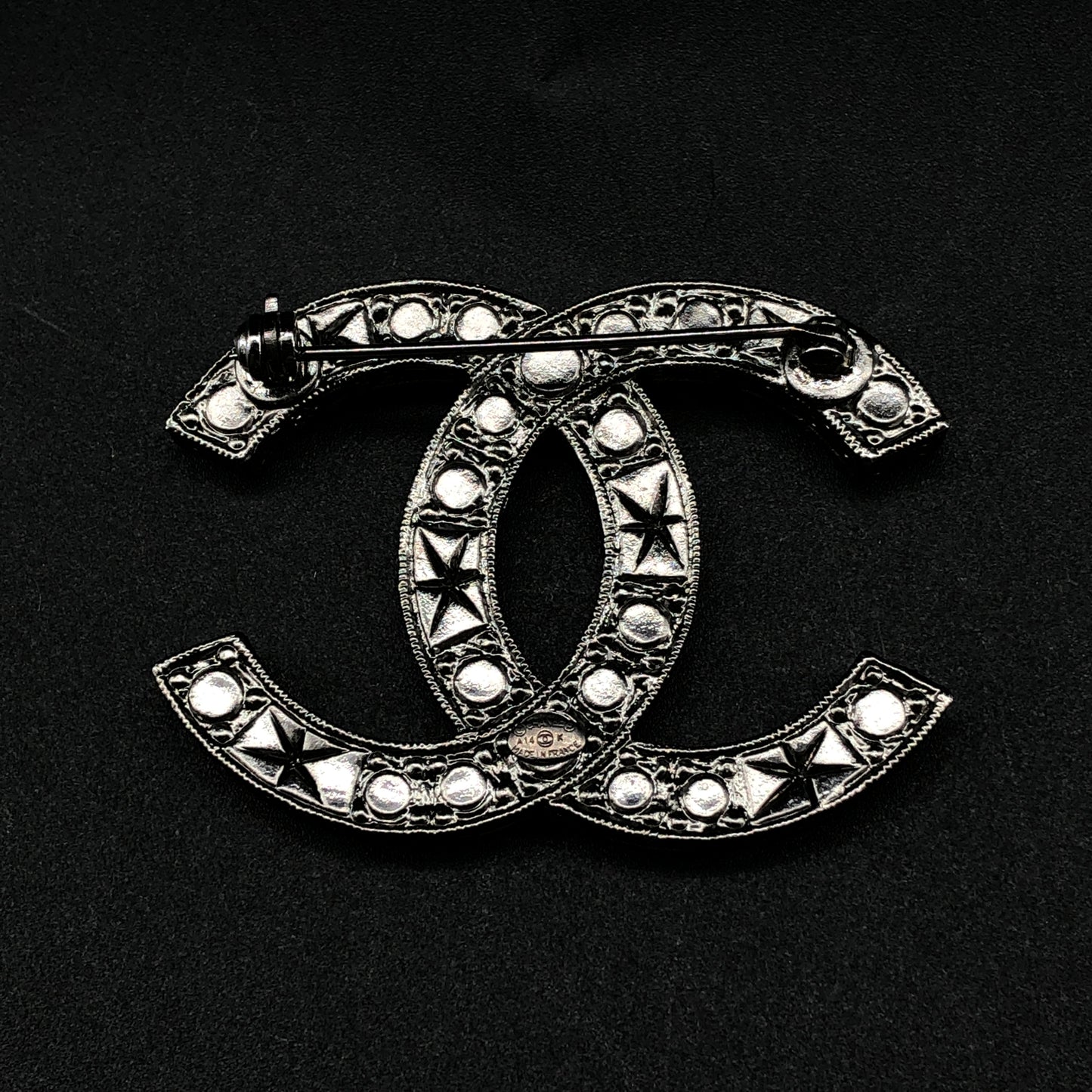 Chanel Silver-Tone Crystal CC Logo Brooch