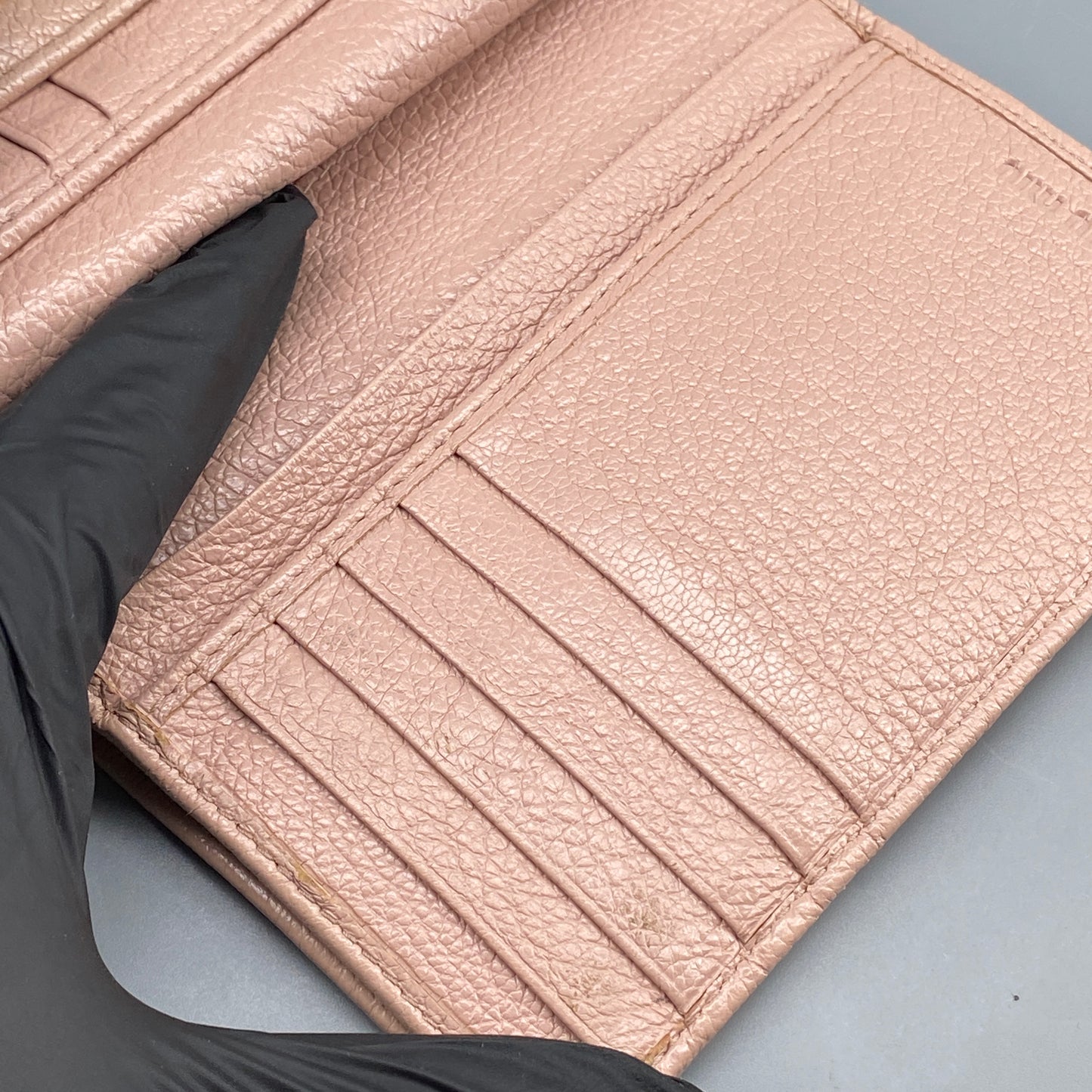 Miu Miu Blush Pink Pebbled Leather Tri-Fold Wallet