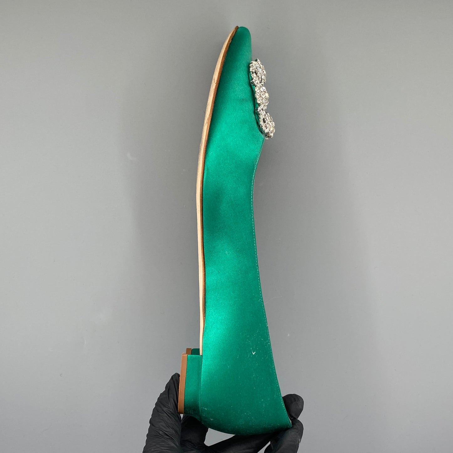 Manolo Blahnik Women's Green Satin Crystal Flat Shoes Size 41