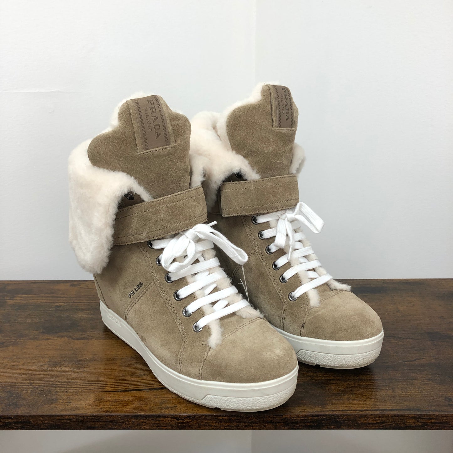 Prada Women's Shearling Lined Suede High Top Wedge Sneaker Boots 37 Beige White