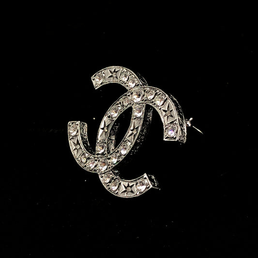 Chanel Silver-Tone Crystal CC Logo Brooch
