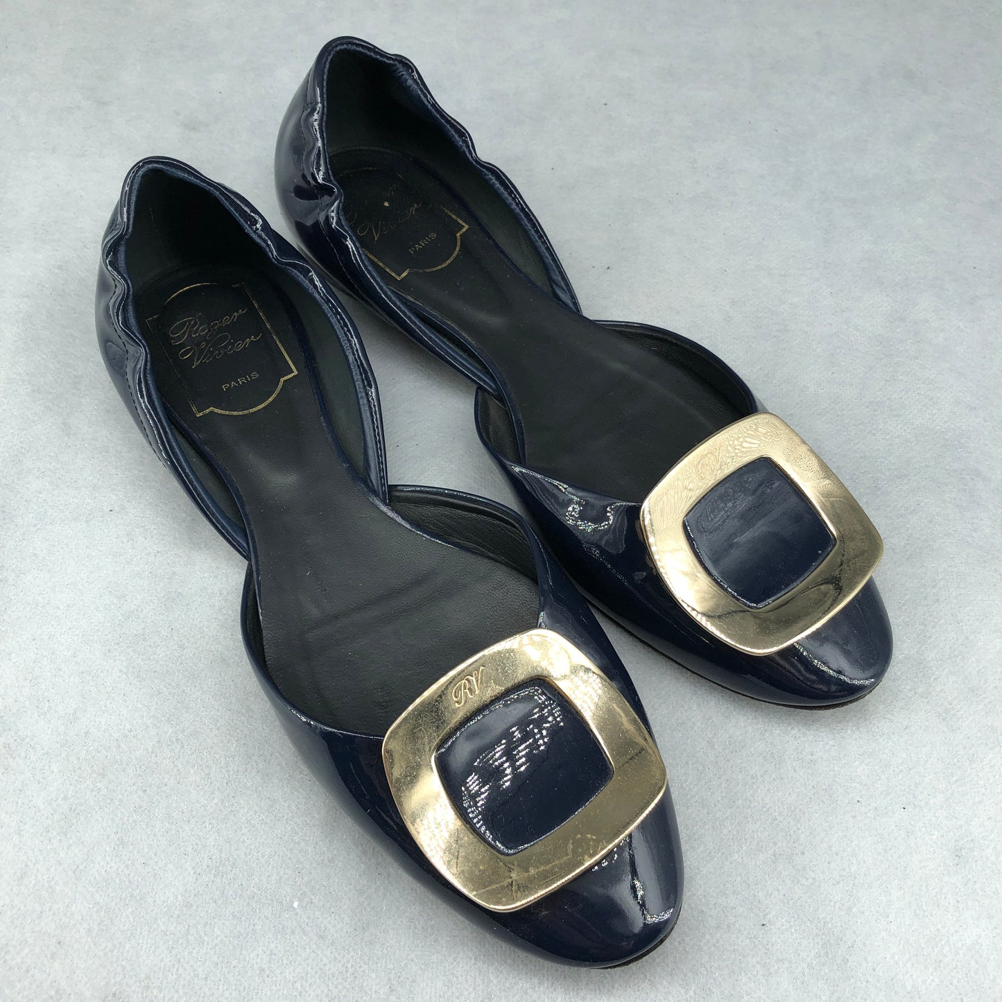 Roger Vivier Patent Leather Buckle Flats Navy Women’s Size 38.5