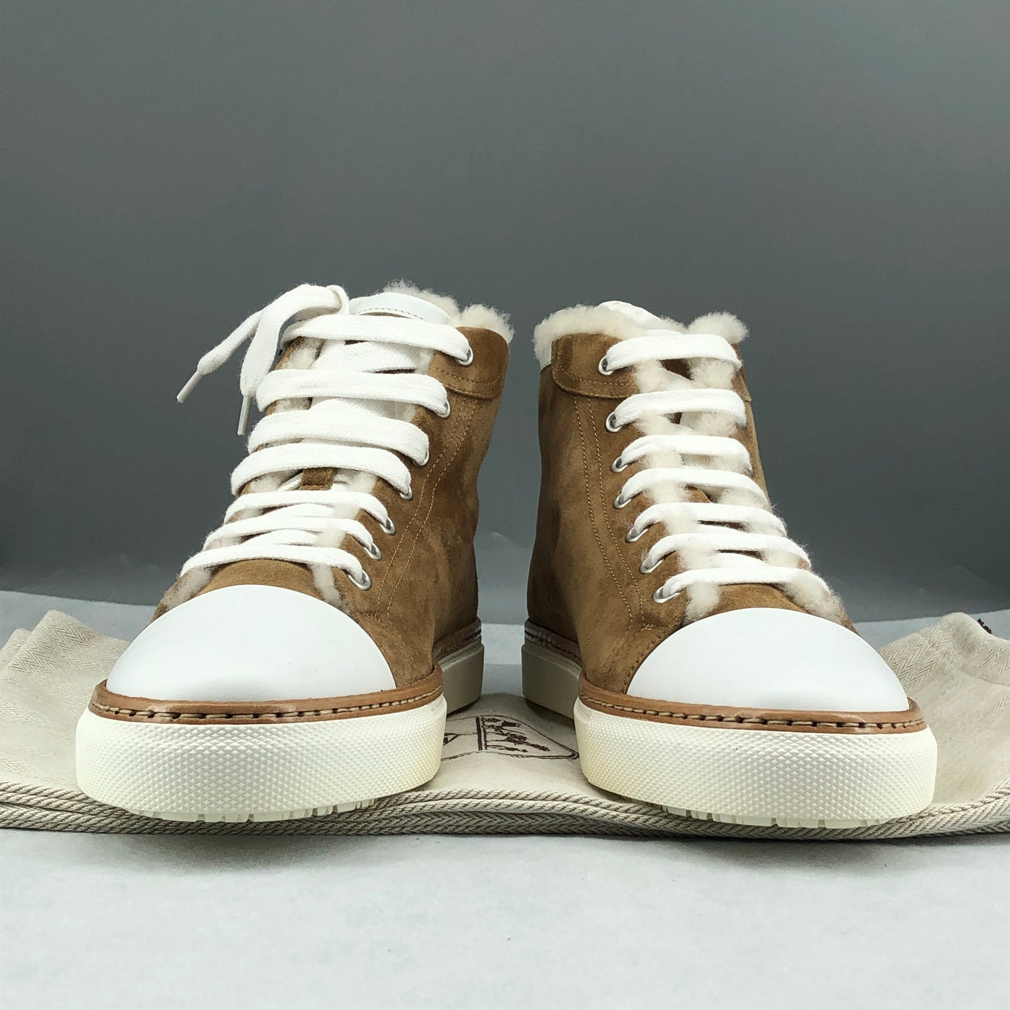 Hermes New Brown Suede Shearling Lined High Top Sneakers 38