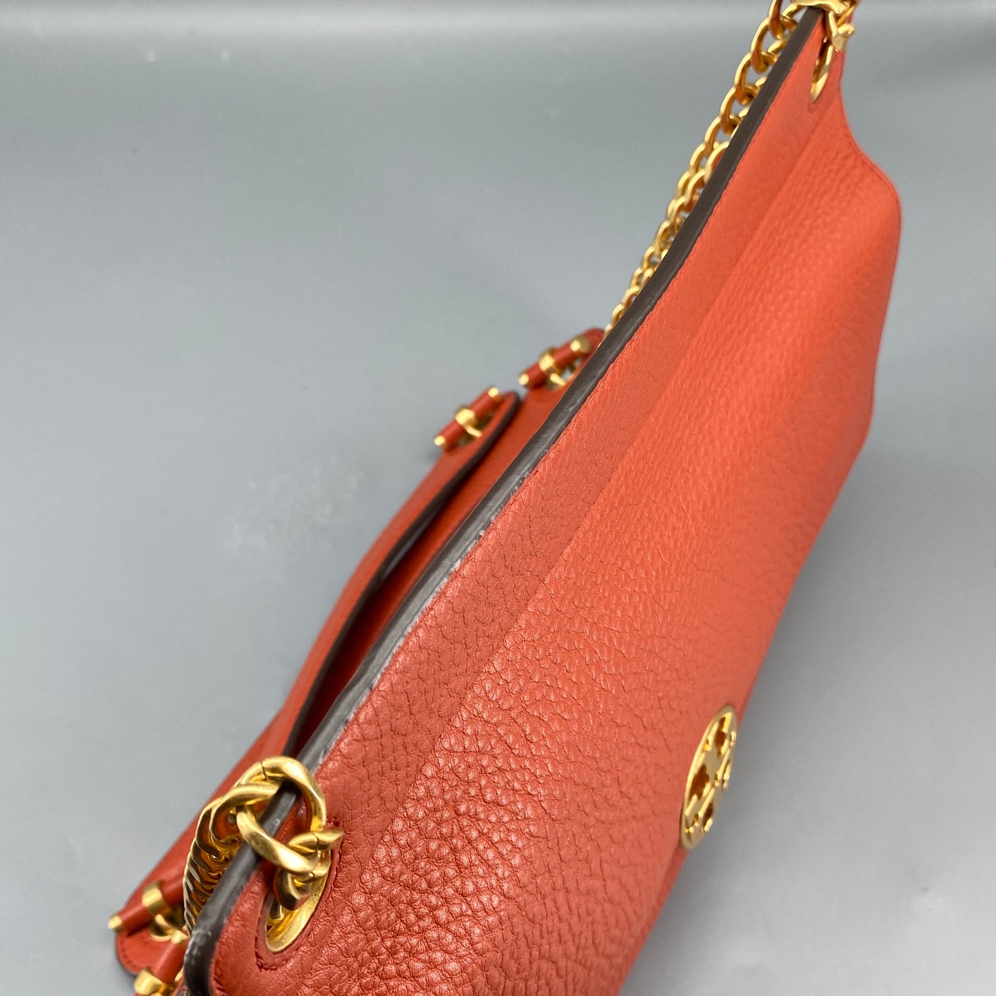 Tory Burch Orange Pebbled Leather Double T Logo Flap Chain Shoulder Bag