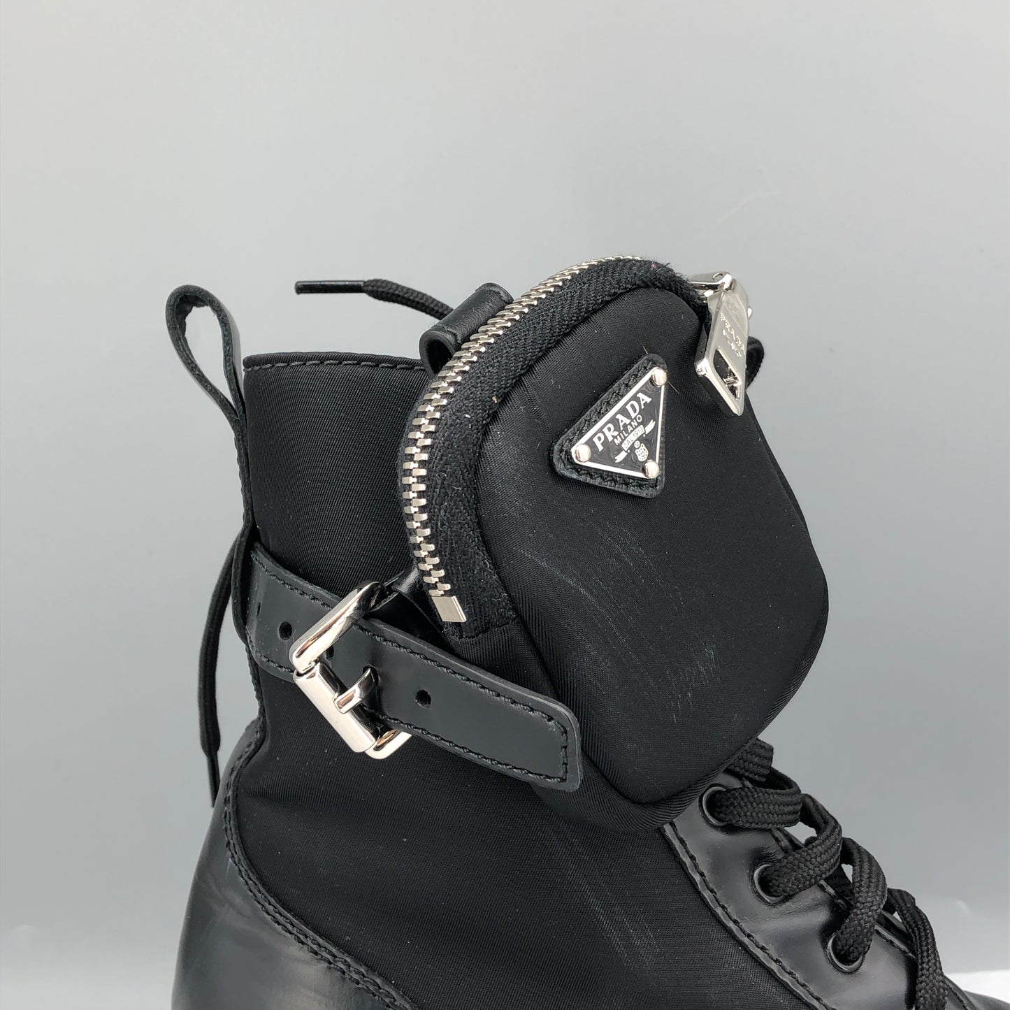 Prada Women's Re-Nylon Leather Combat Ankle Boots Size 36.5 Black