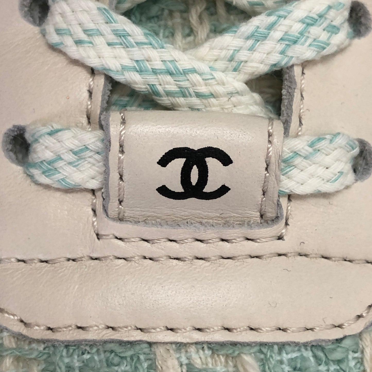 Chanel Women's Quilted Tweed CC Logo Low Top Sneakers 36.5 White Light Blue Two-Tone