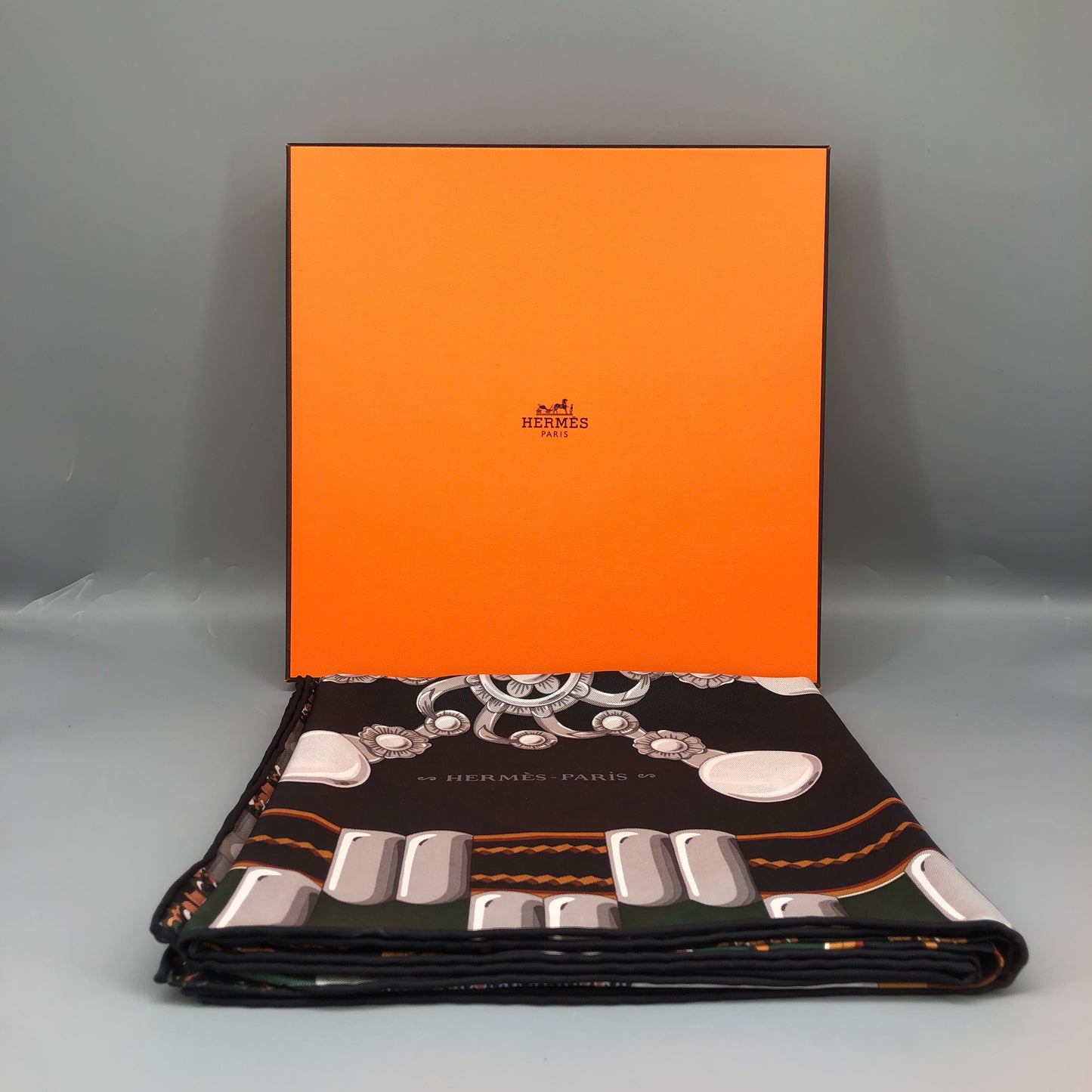 Hermes Silk Scarf Black/White/Tan/Forest Green Hardware Print