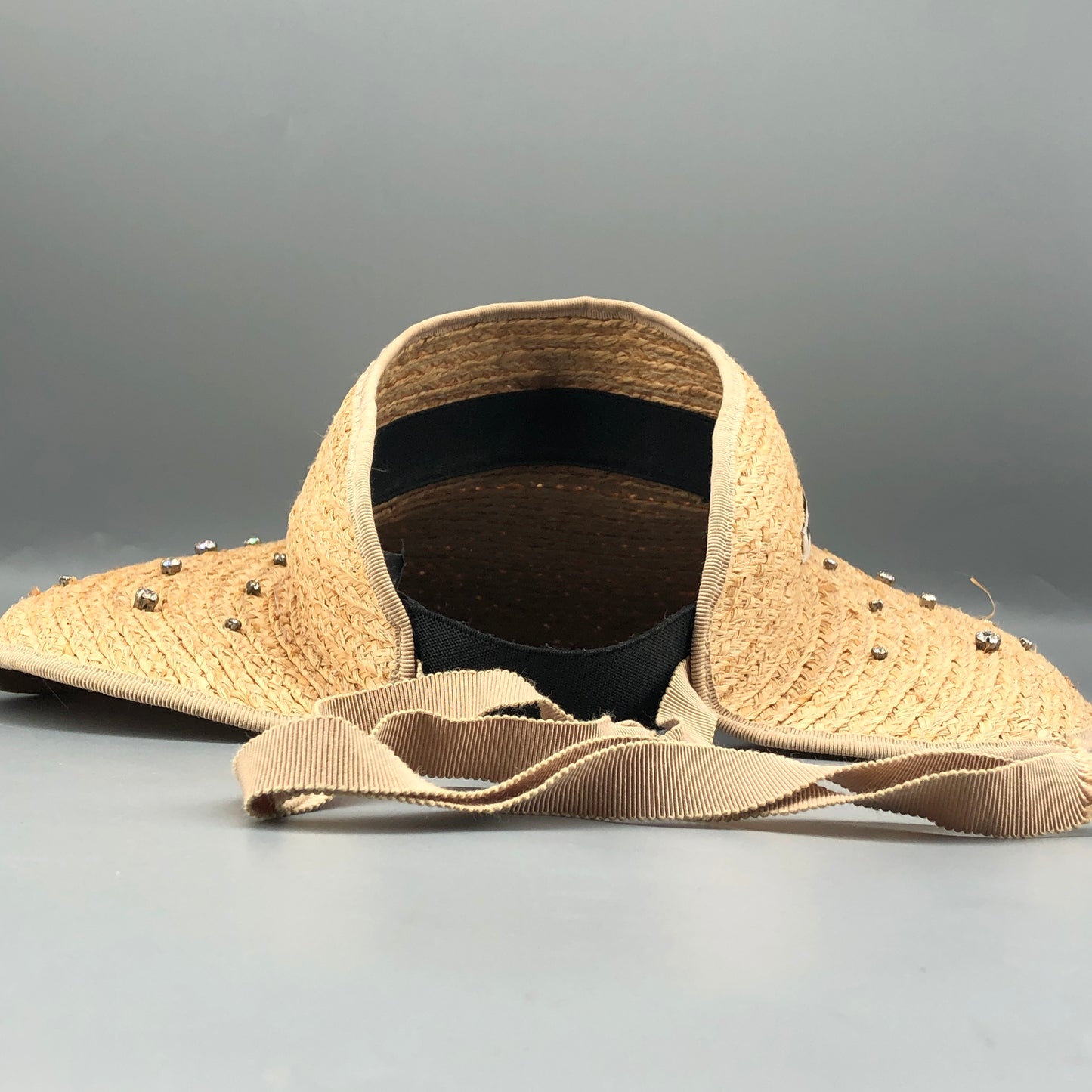 Miu Miu Crystal Embellished Raffia Visor Sun Hat Size M