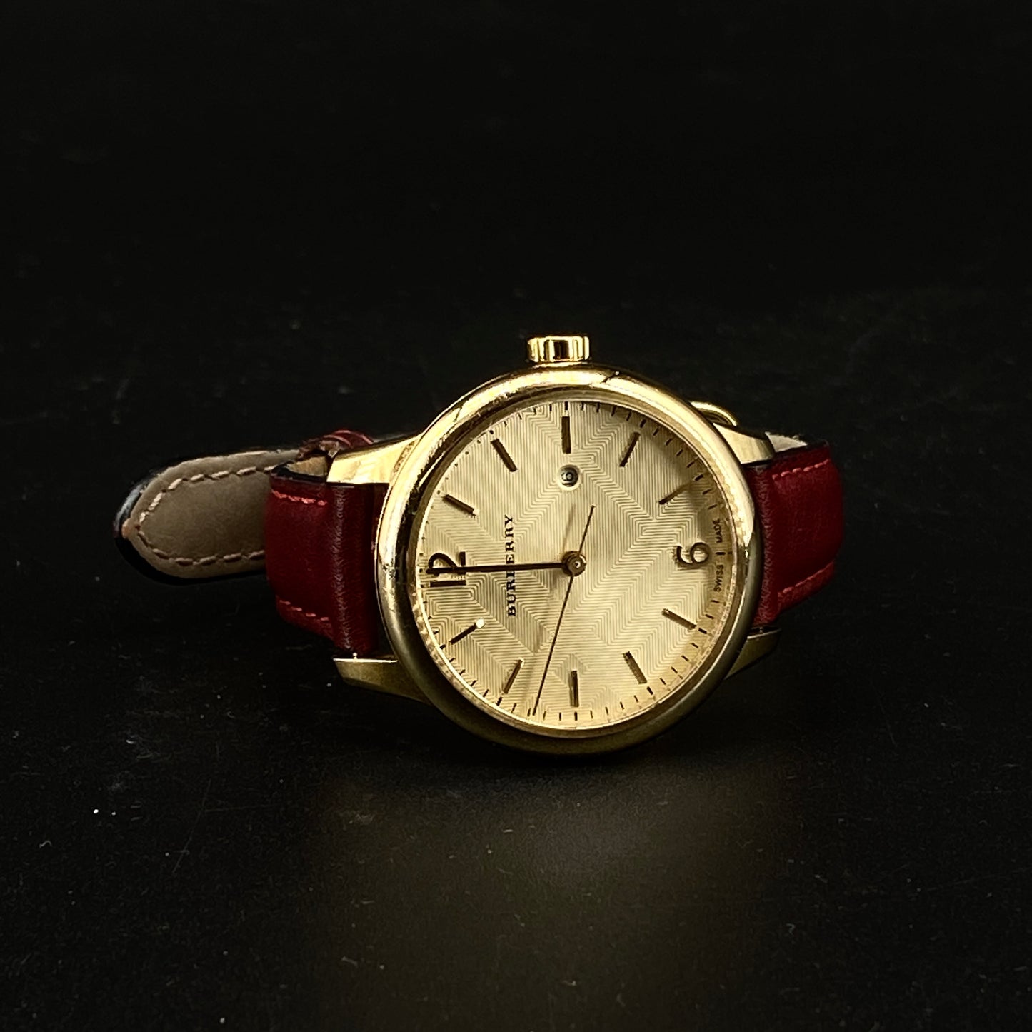 Burberry Gold Case Quartz Watch Dark Red Leather Strap