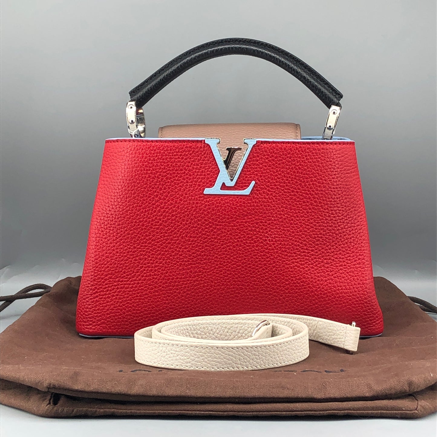 Louis Vuitton Capucines PM Taurillon Leather Handbag Red Light Blue Two-Tone