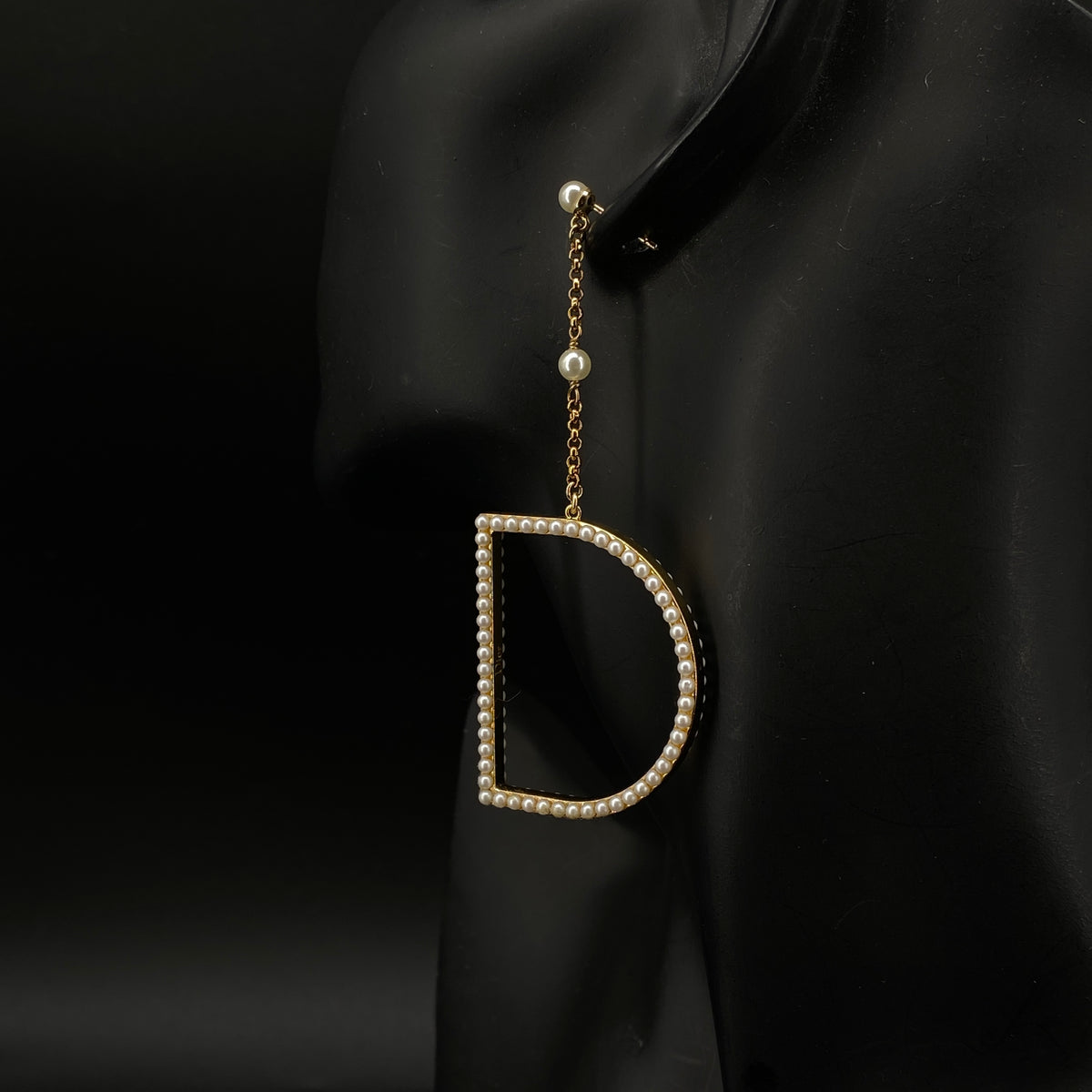 Christian Dior Pearl & Gold Tone CD Drop Earrings