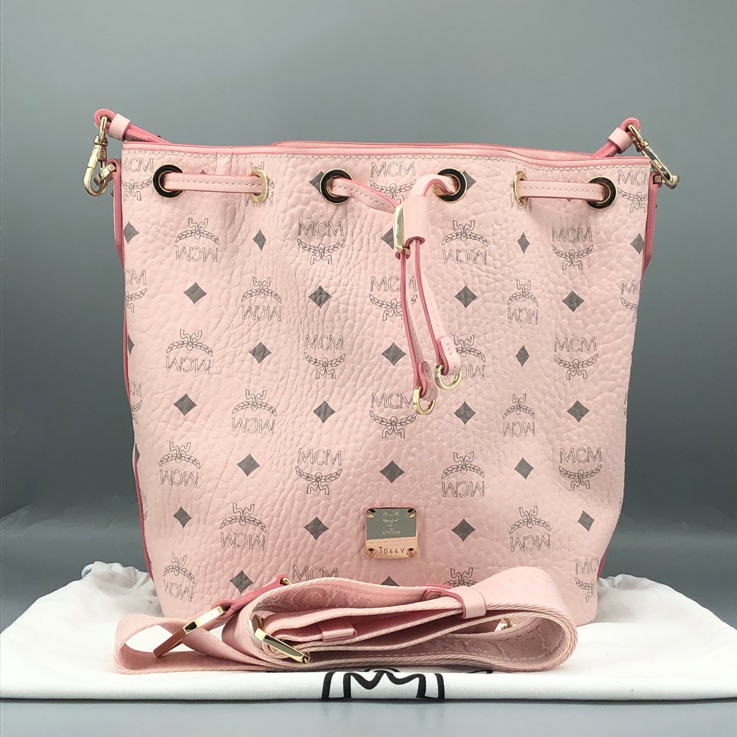MCM Pink Visetos Print Drawstring Bucket Bag