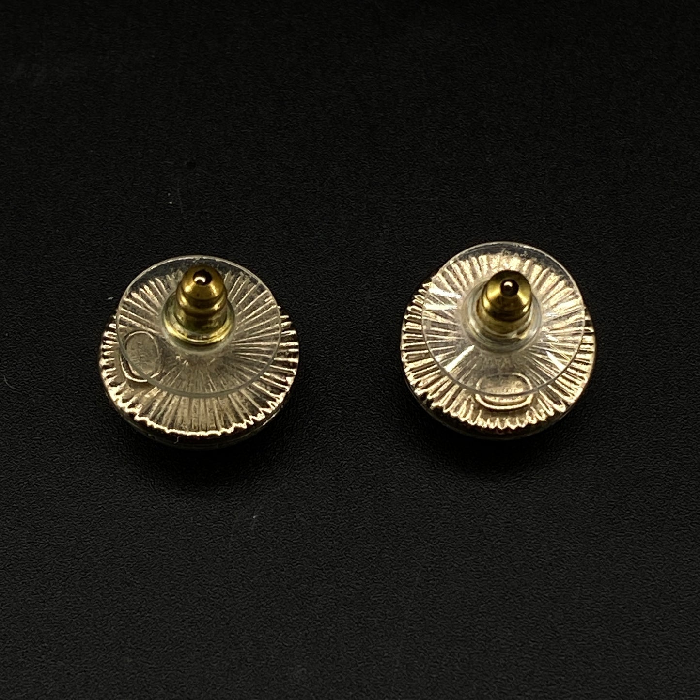Chanel Black Enamel Gold Border Double C Round Stud Earrings