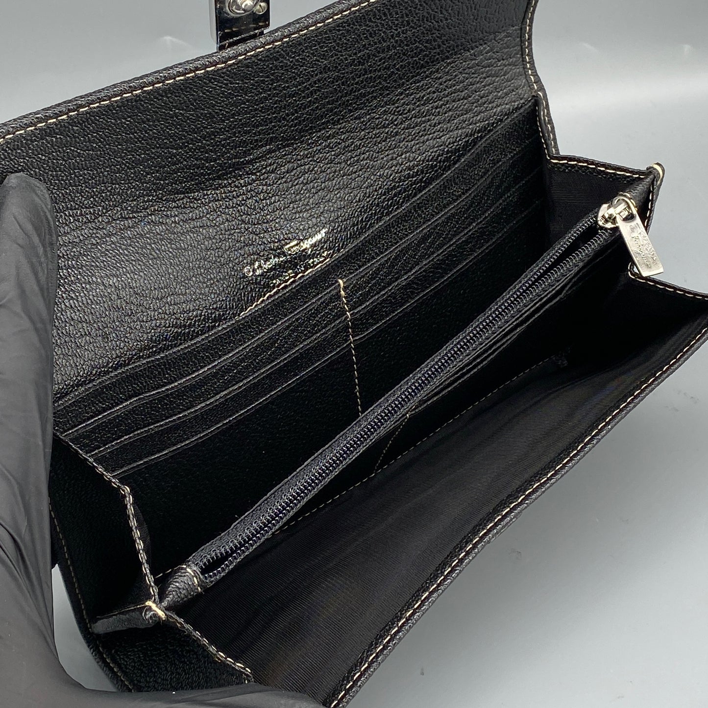 Ferragamo Black Grain Leather Flap Long Wallet