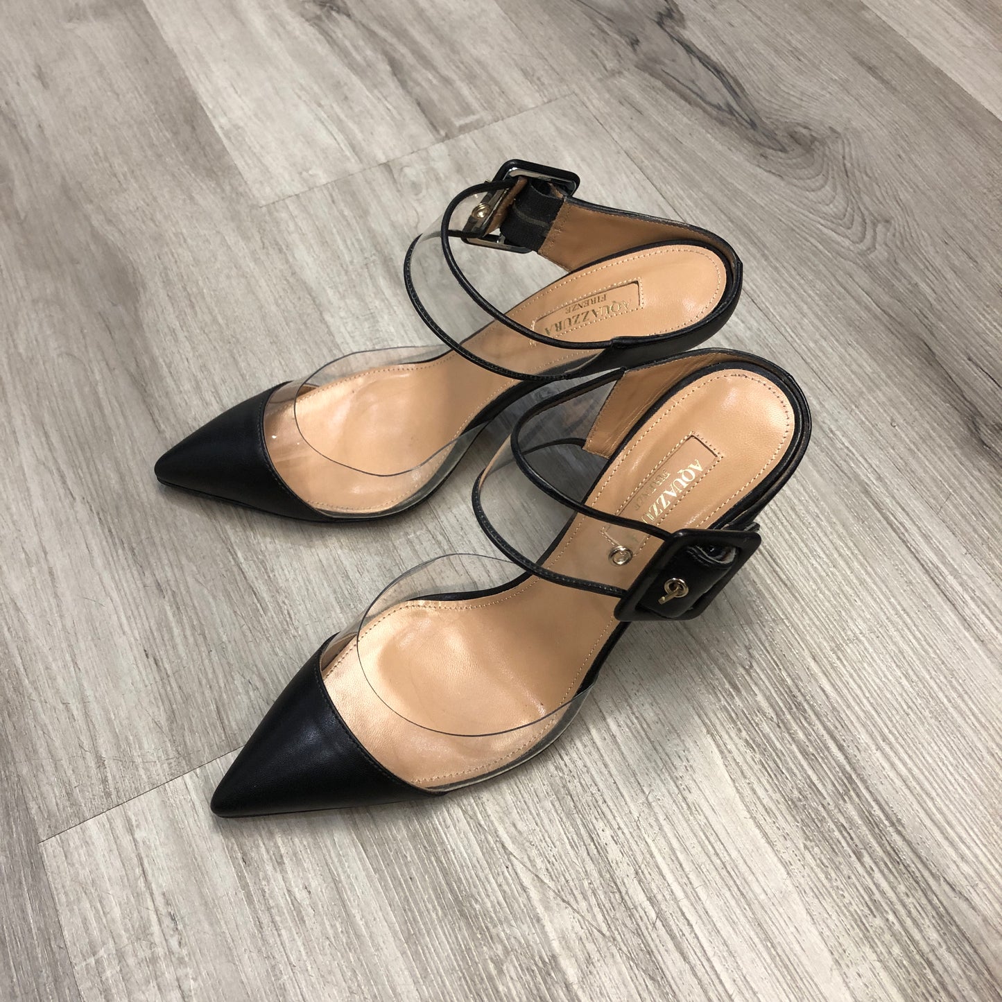 Aquazzura Pointed-Toe PVC & Leather Ankle-Strap Pumps 36 black