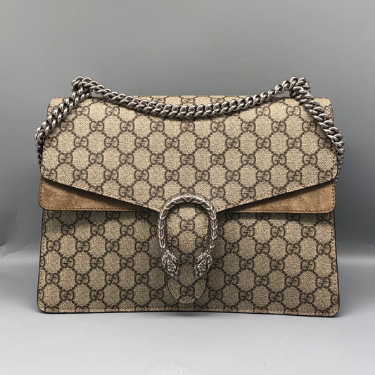 Gucci Dionysus GG Supreme Beige Suede Shoulder Bag