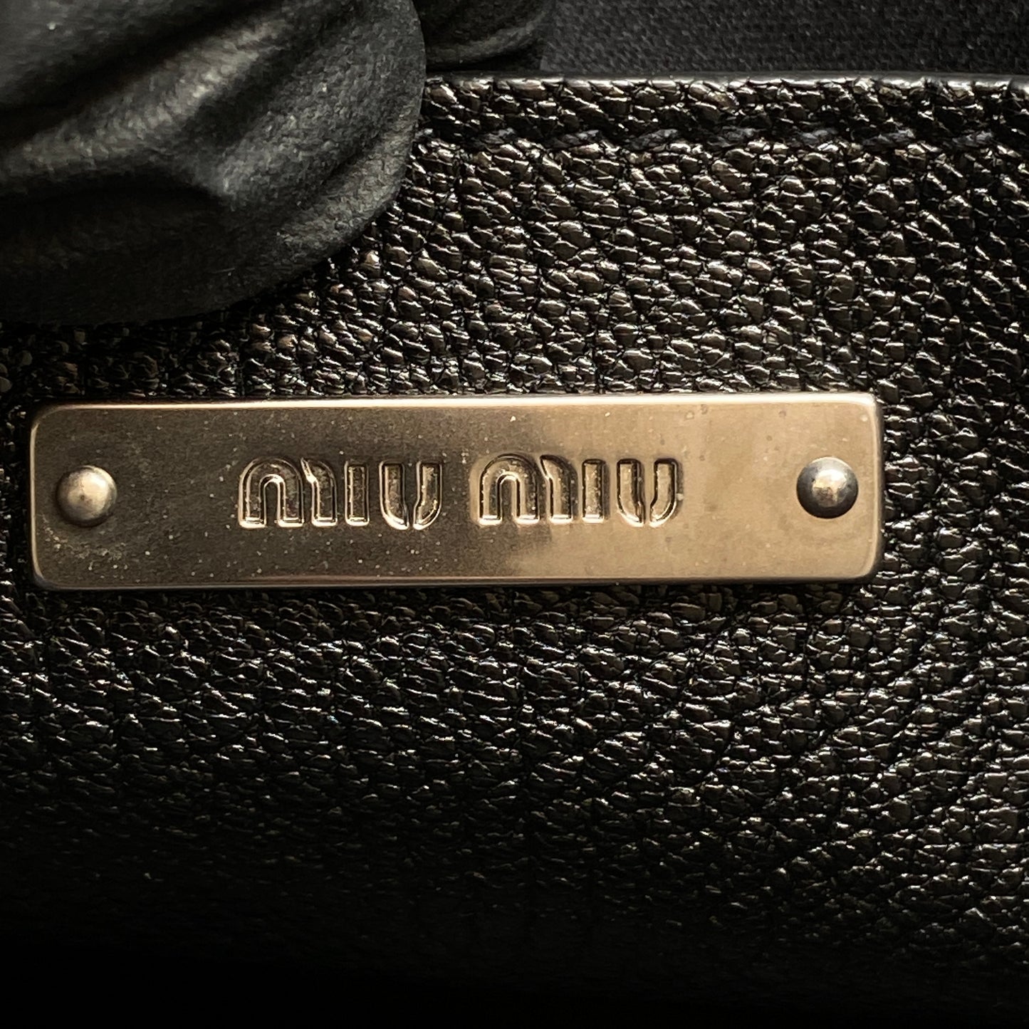 Miu Miu Black Grain Leather Crystal Ornament Top Handle Tote Bag