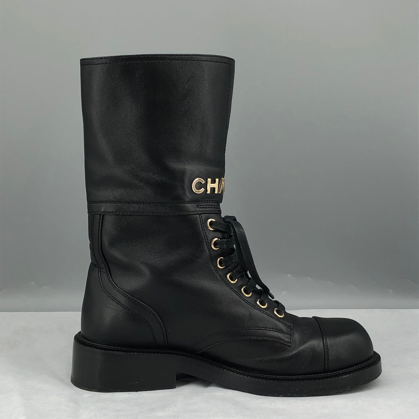 Chanel Women's Leather Lace-Up Mid Calf Boots Size 37 Black