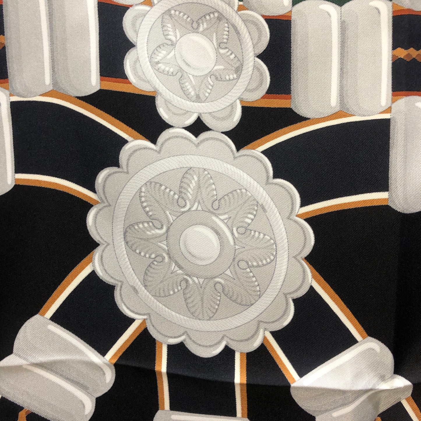 Hermes Silk Scarf Black/White/Tan/Forest Green Hardware Print