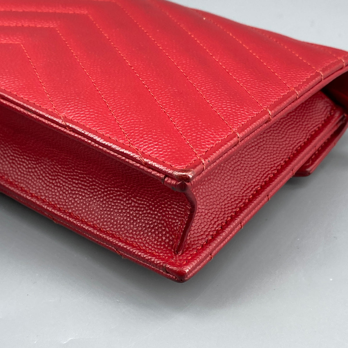 Saint Laurent Matelasse Chevron  Envelope Chain Wallet New Red