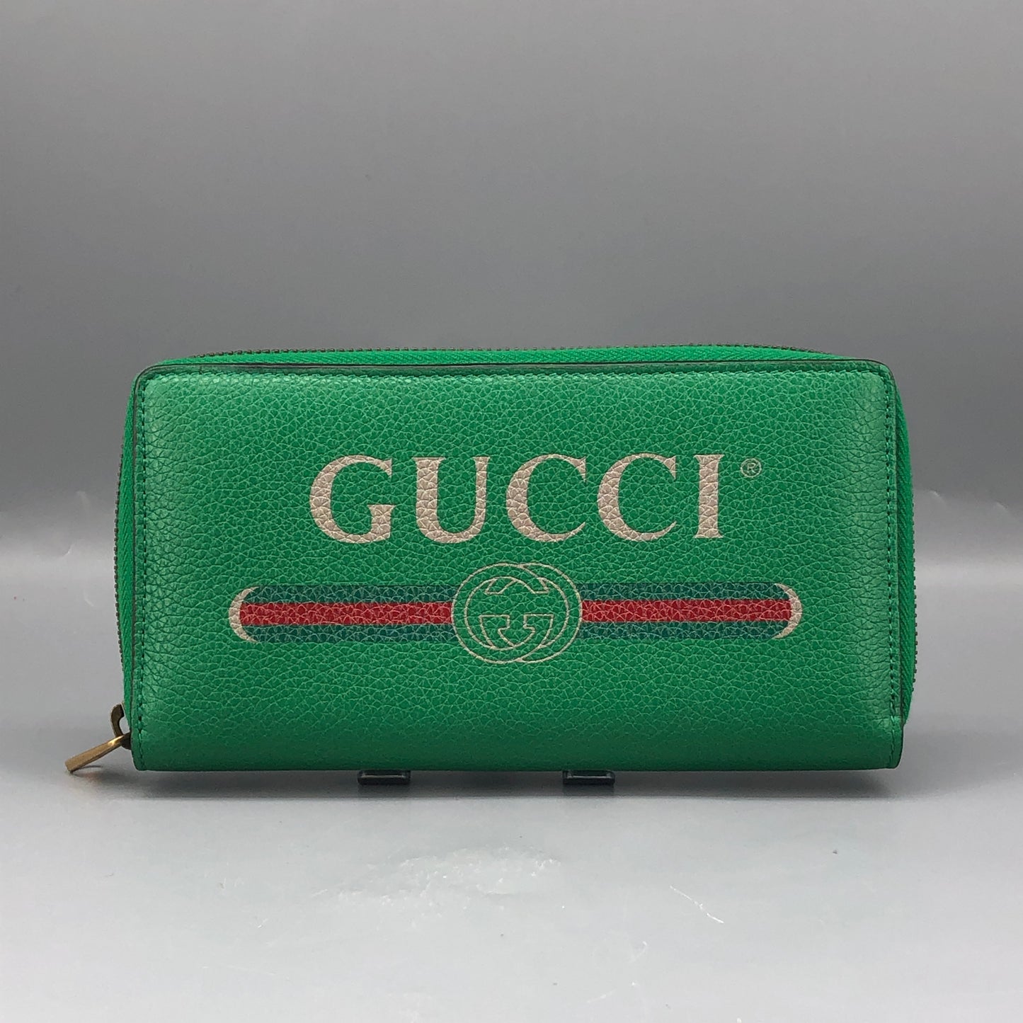 Gucci Green Grain Leather Full Zip Around Long Wallet