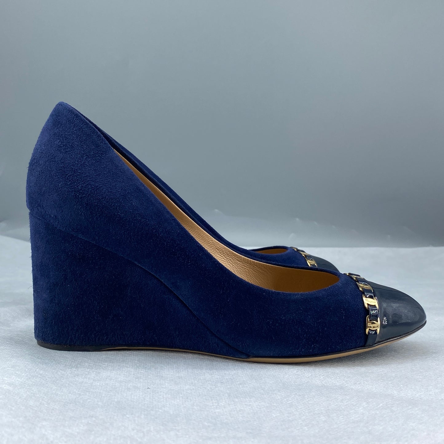 Ferragamo Women’s Deep Blue Suede Patent Toe Wedge Heels Shoes