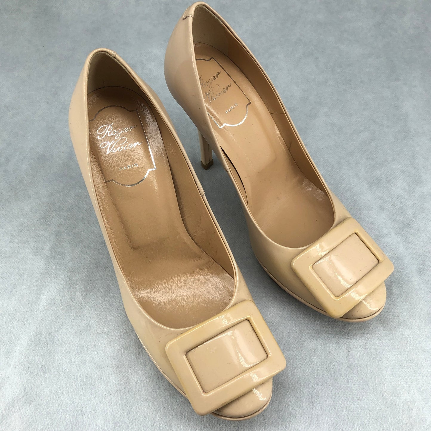Roger Vivier Nude Patent Leather Square Buckle Platform High Heels 35.5