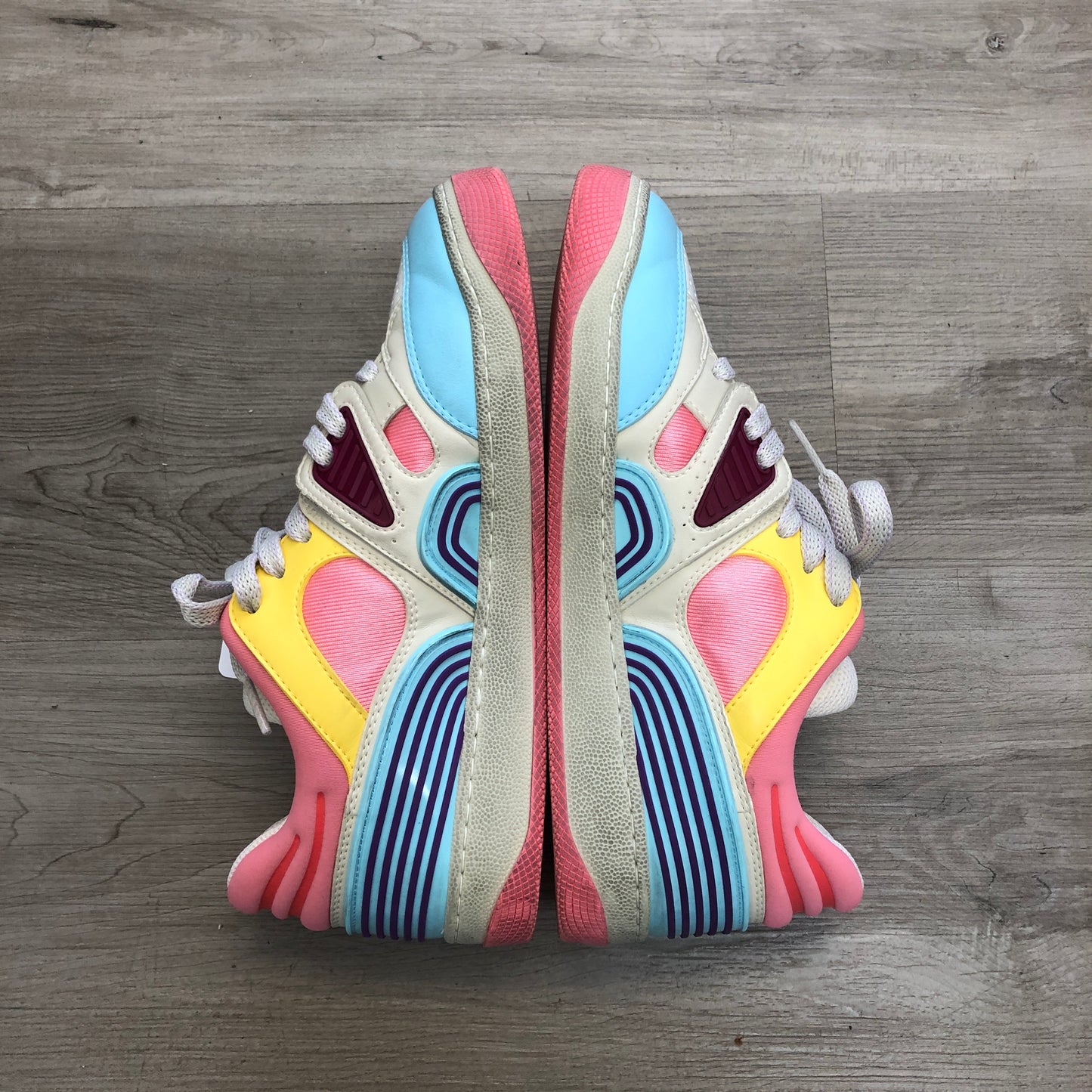 Gucci Women's Basket Multicolor Leather Low Top Sneaker Shoes 35.5 White Blue Pink Purple