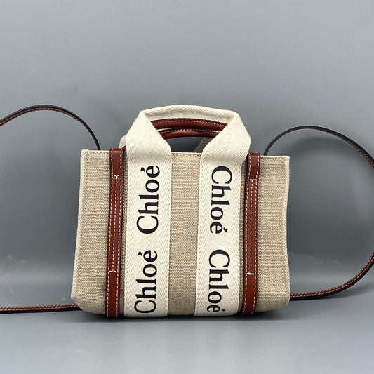 Chloe Beige Canvas Logo Strap Mini Tote Crossbody Bag