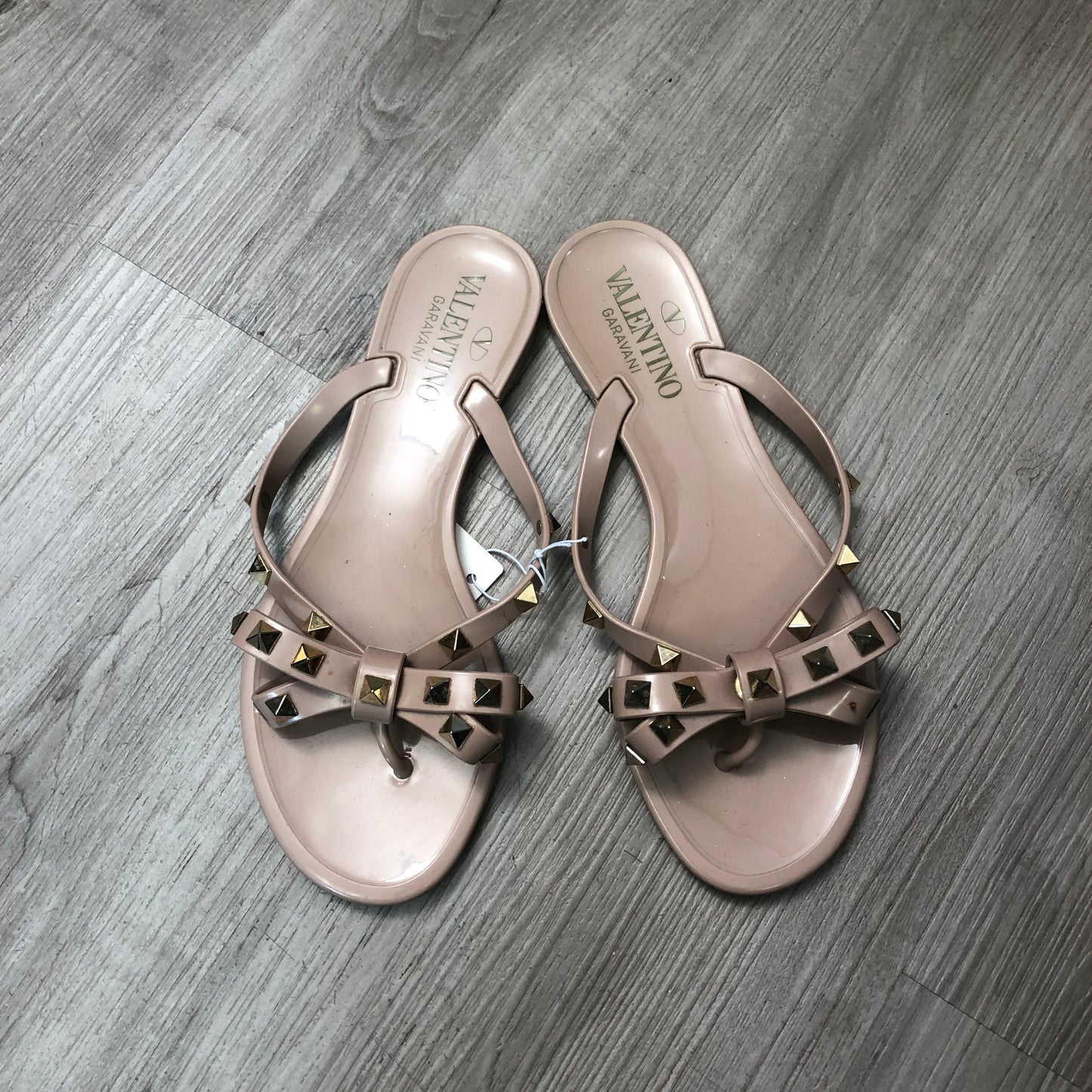 Valentino Nude Smooth Leather Rockstud Flat Slide Sandals 35