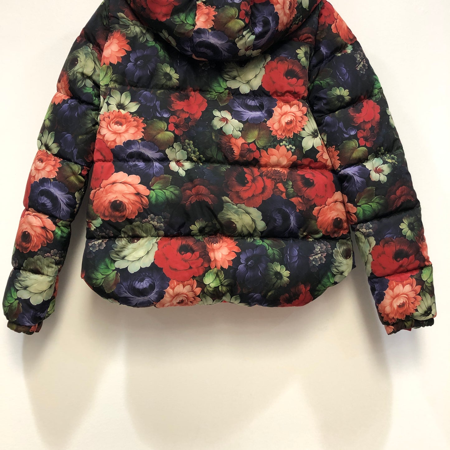 Moncler Floral Print Red Trim Hooded Down Jacket Size 1