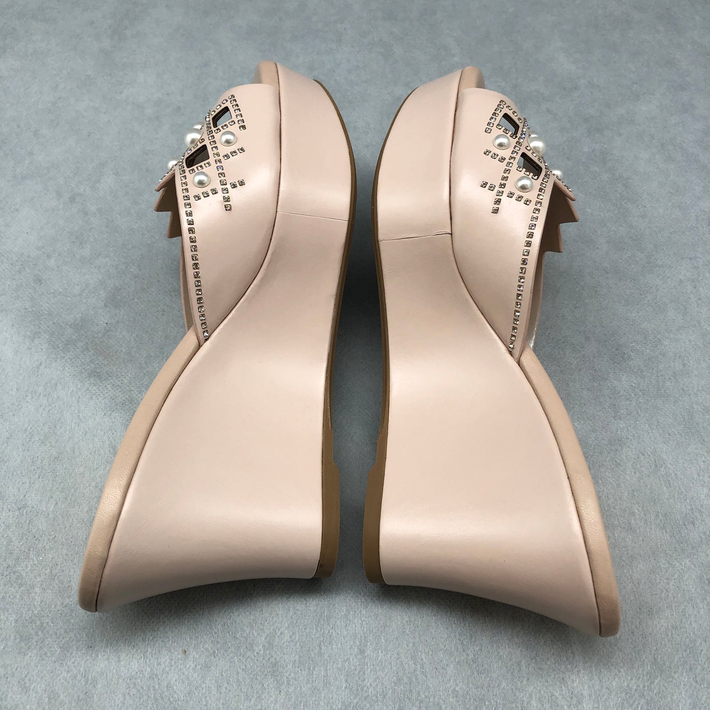 Rene Caovilla Blush Pink Pearl-Embellished Wedge Mules Size 35