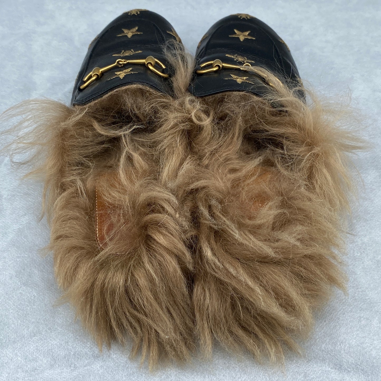 Gucci Women's  Black Leather Star Embroidery Horsebit Fur Lined Backless Mule Loafers Outsole 26cm