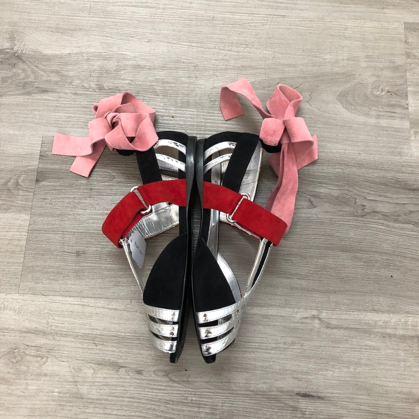 Prada Women's Two-Tone Cutout Patent Leather Ankle Strap Heels 35.5 Black Silver Red Pink