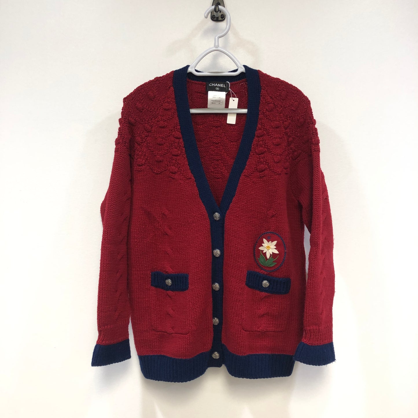 Chanel Red Cable Knit Cardigan with Navy Trim Size 44