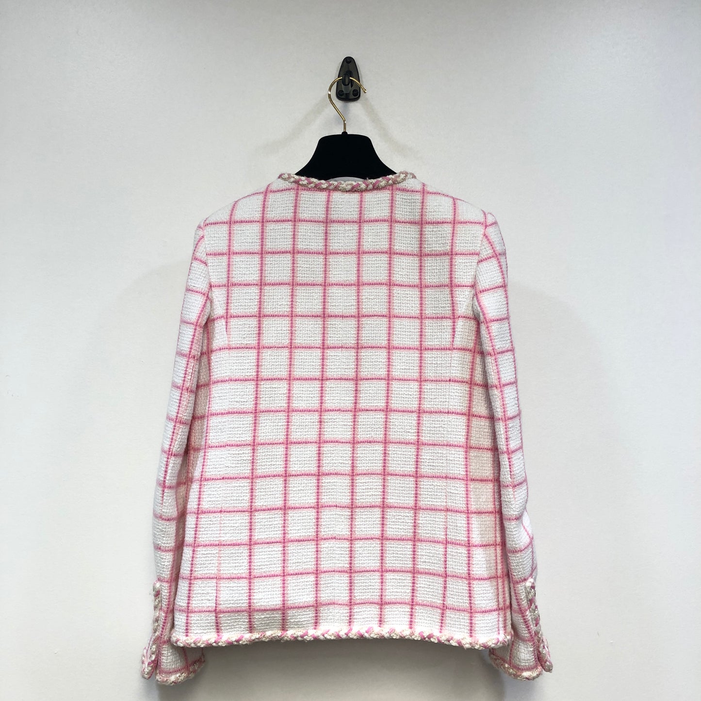 Chanel White & Pink Plaid Tweed Jacket Fringe Trim Size 36