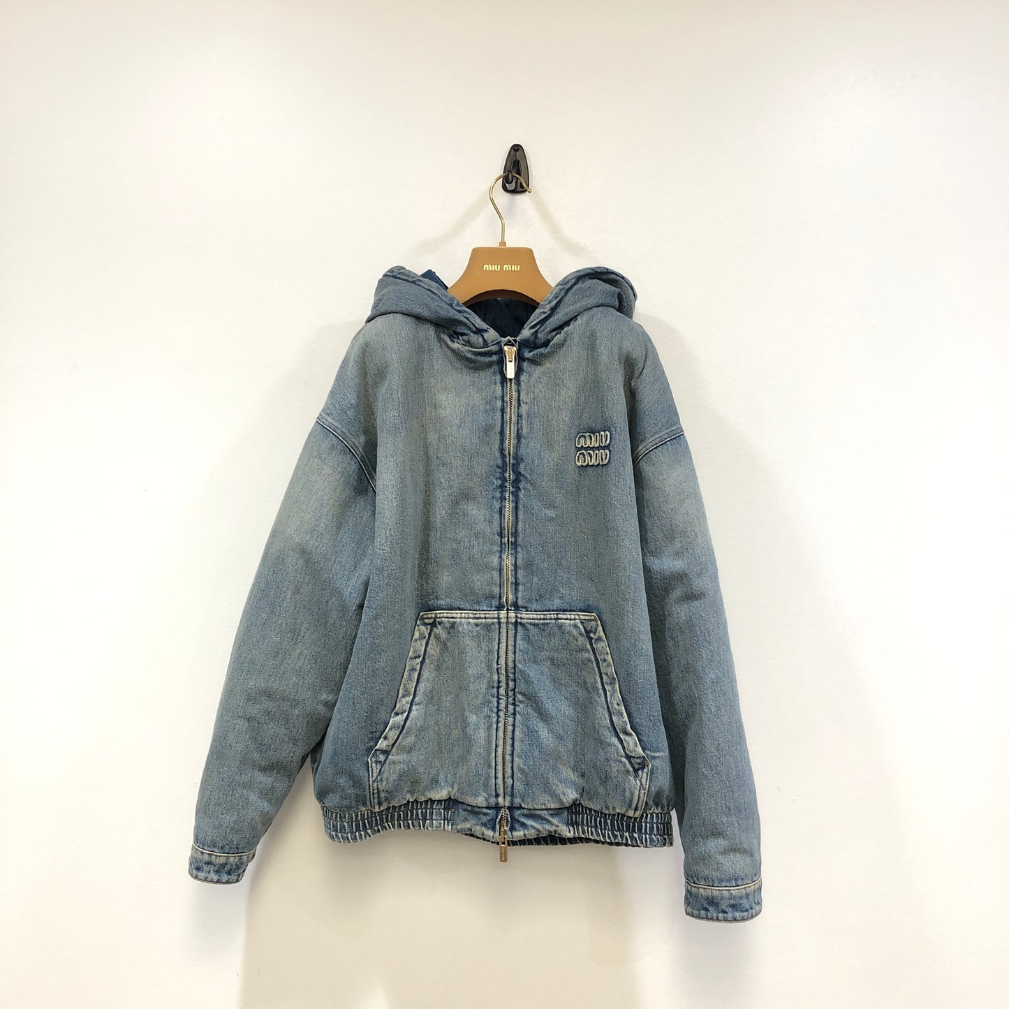 Miu Miu Blue Denim Zip-Up Hooded Jacket Size 40